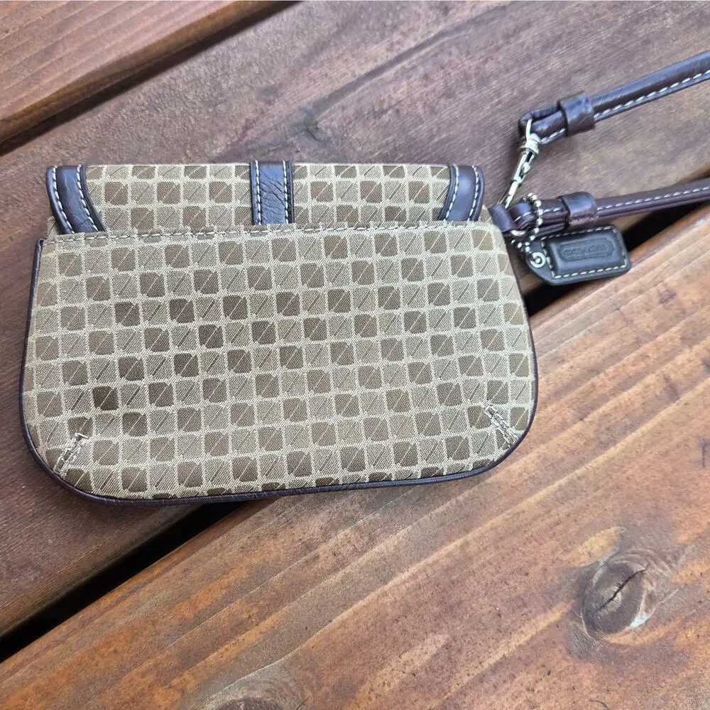 Coach Y2K Signature Jacquard Buckle Wristlet Brown Leather Mini Bag